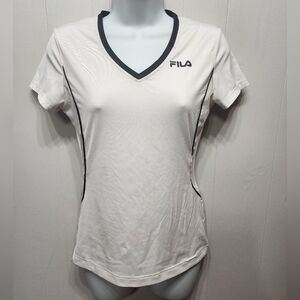 Fila Shirt XS Athletic Cut VNeck White Black‎ Stripe Short Sleeve B616